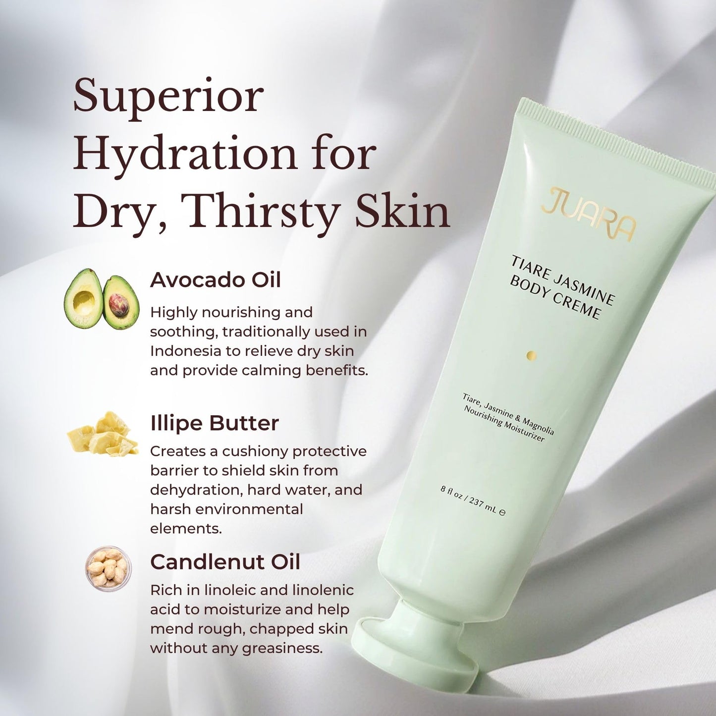 Juara Tiare Jasmine Body Creme | Hydrating Body Lotion for Dry Skin | Moisturizing Body Cream with Natural Oils | Non-Greasy, Luxury Skin Care | Nourishing Vegan Formula | 7.8 OZ (237 ML)