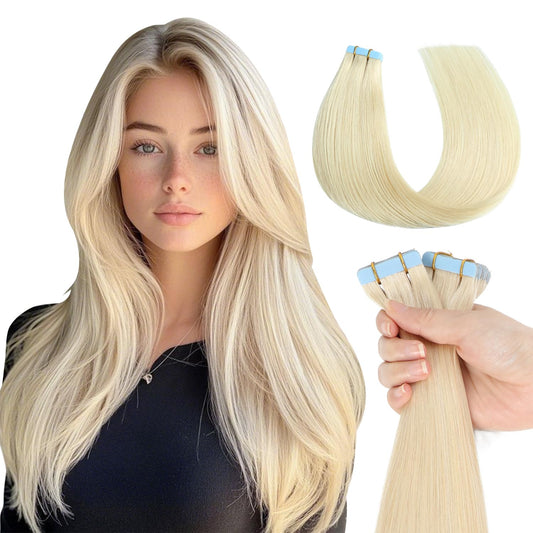 Missme Tape in Hair Extensions Human Hair 16 inch 20 Pcs 40g #60 Platinum Blonde Tape ins Human Hair Extensions Remy Hair Skin Weft Seamless Invisible Silky Straight Thick Ends Add Length