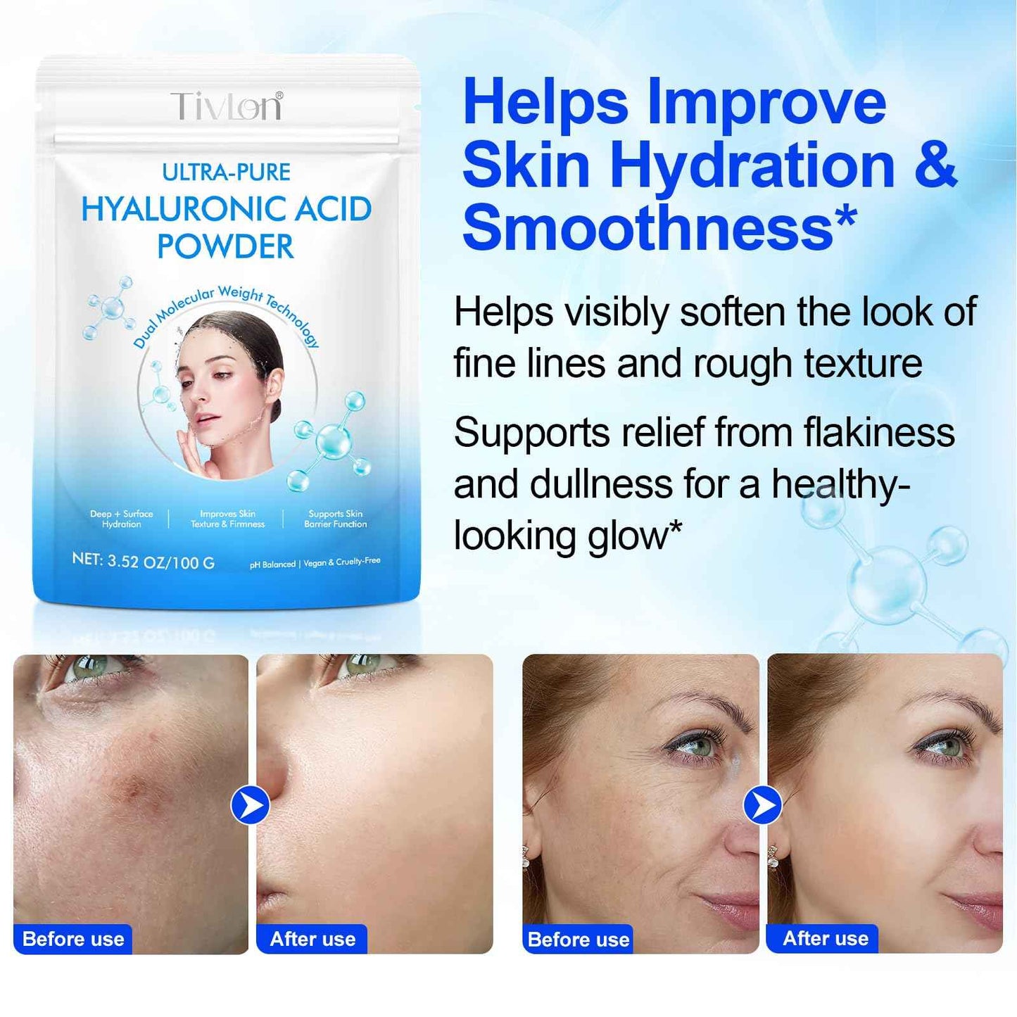 2pack Hyaluronic Acid Powder for Skin, Dual Molecular Weight Hyaluronic Acid Serum Powder, Skin Hydration, Reduce Wrinkles, Improve Skin Elasticity for DIY Serums, 200g