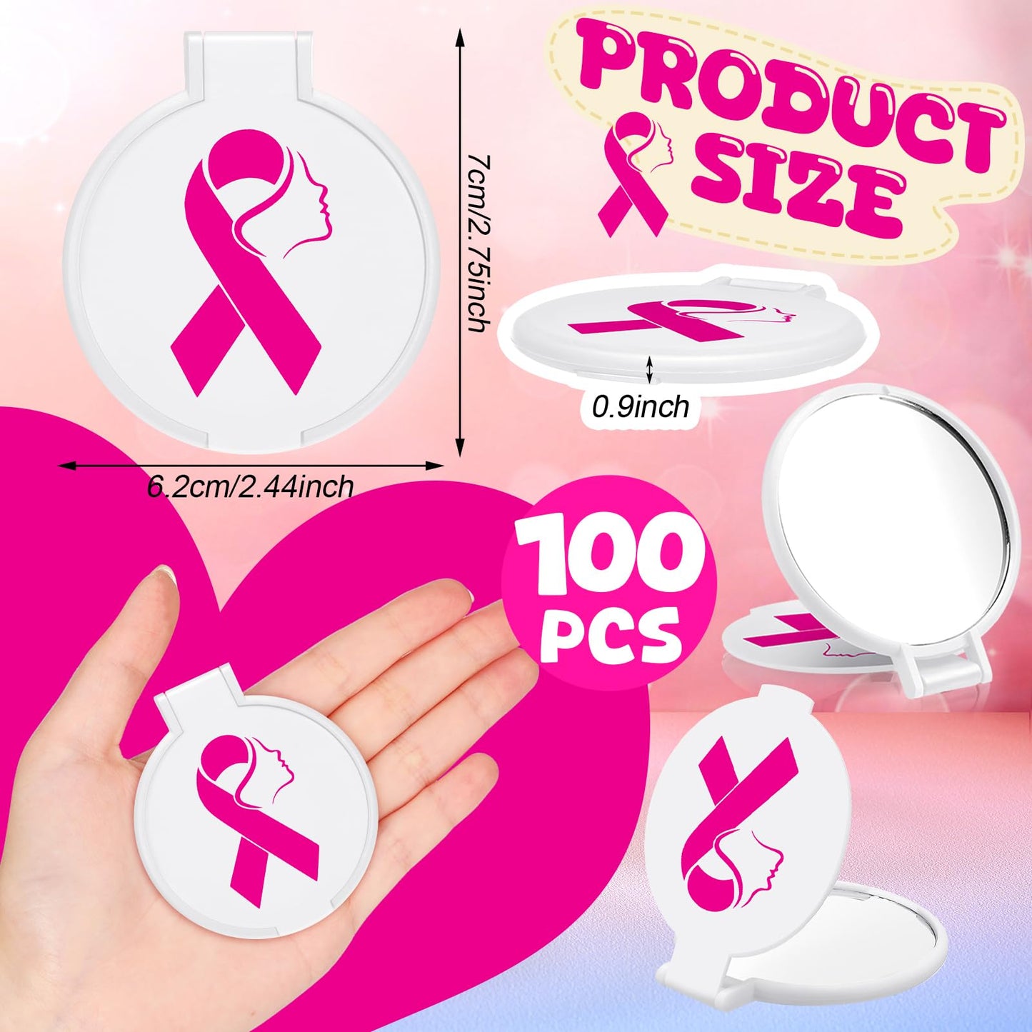 Huwena 100 Pcs Breast Cancer Awareness Accessories Gift Bulk White Pink Ribbon Breast Cancer Compact Mirror for Women Small Pocket Purse Round Portable Folding Makeup Mirror