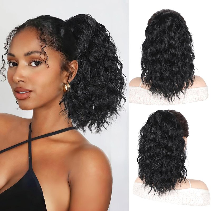 Black Ponytail Extension - 14 Inch Drawstring Synthetic Curly Wavy Clip-In Hairpiece | Perfect for Daily Wear & Halloween