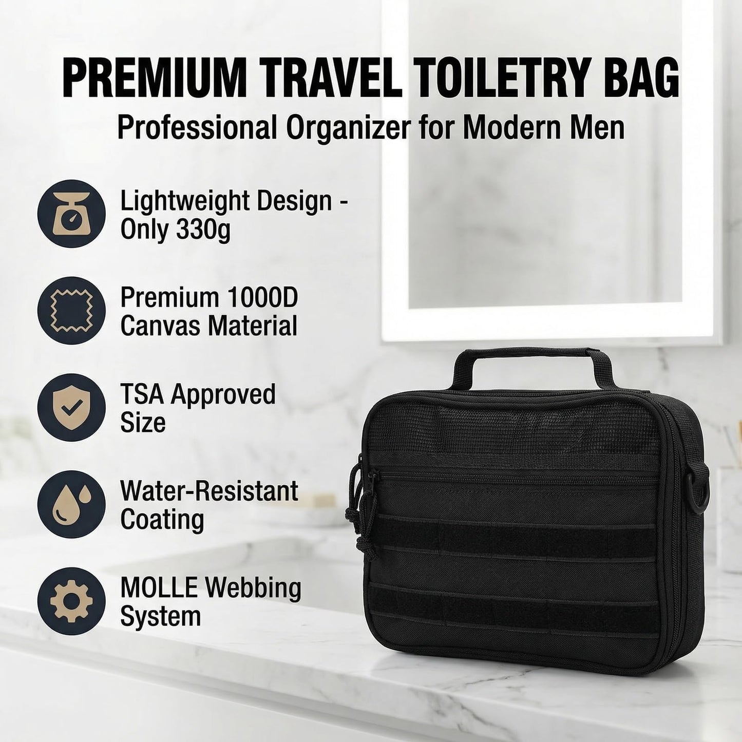VELVEBAG ﻿Tactical Toiletry Bag for Men, Mens Toiletry Travel Bag, Hanging Dopp Kit Waterproof TravelShaving Hygiene Bag, Bathroom Multi-pocket Organizer, for Short Trips, Camping & Gym, Black