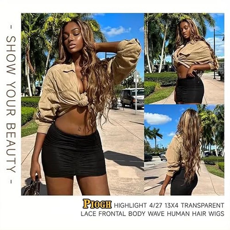 Highlight Ombre Lace Front Human Hair Wig - Pre-Plucked Body Wave 4/27 Colored Honey Blonde - 13x4 HD Lace Frontal 180 Density Glueless for Women - 24 Inch