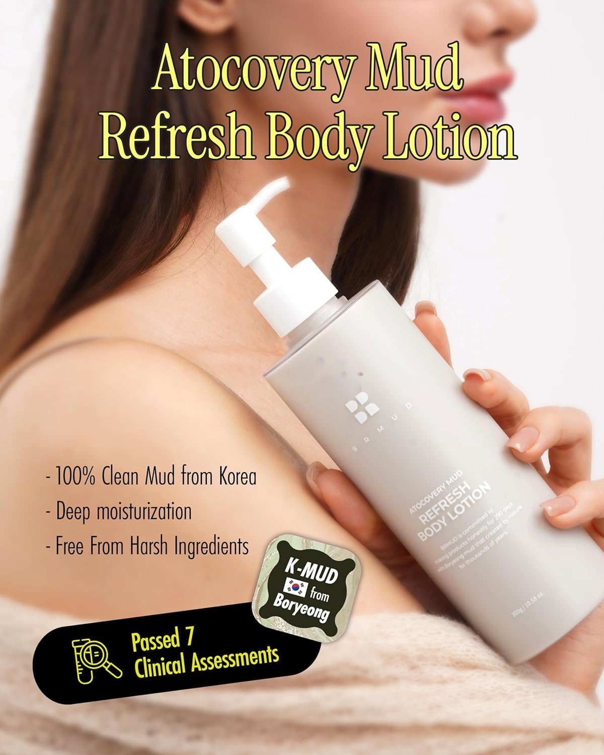 BRMUD Atocovery Mud Refresh Body Lotion - Ultimate Hydration Itchness Relief Boryeong Mud Body Moisturizer - Mild & Gentle Ingredients for Sensitive Skin - Geranium & Rose Scent, 10.58 oz.