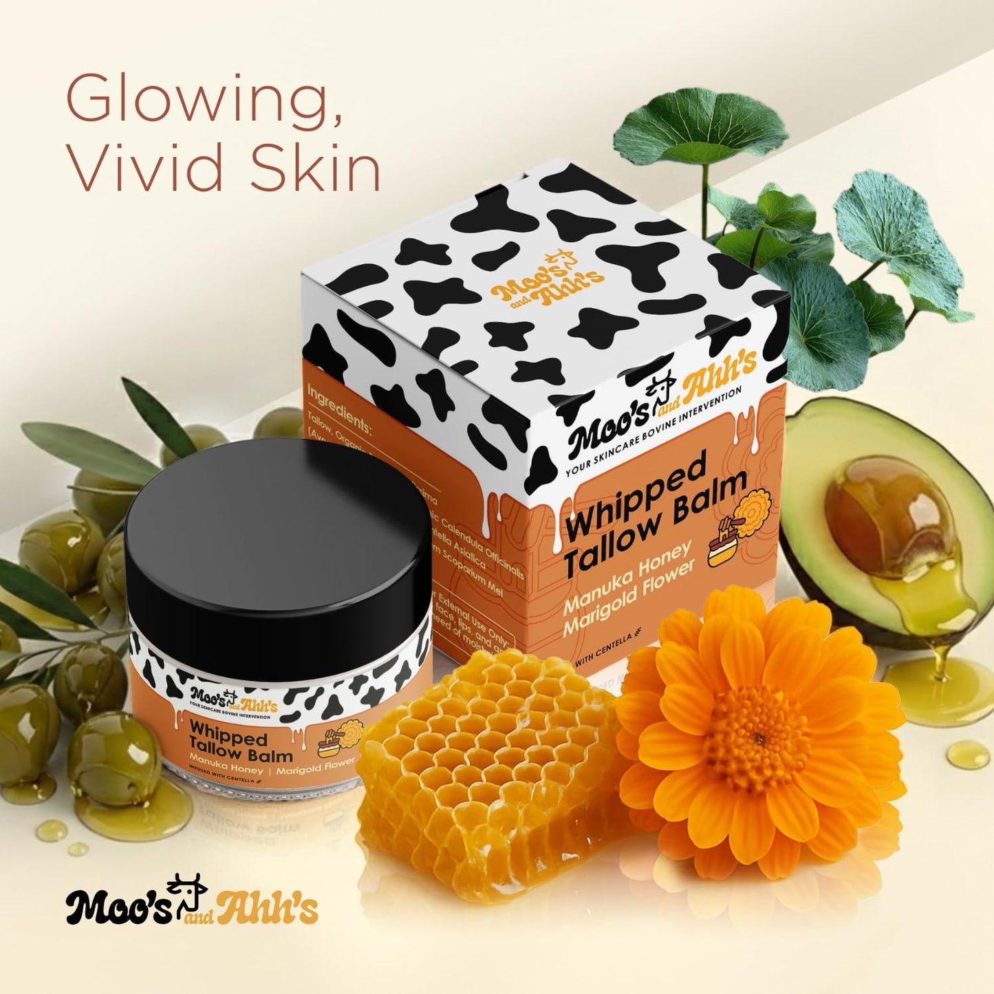 Whipped Tallow Balm - Grass-Fed Beef Tallow Moisturizer with Organic Centella & Olive Squalane | 2 Oz Manuka Honey & Marigold Flower