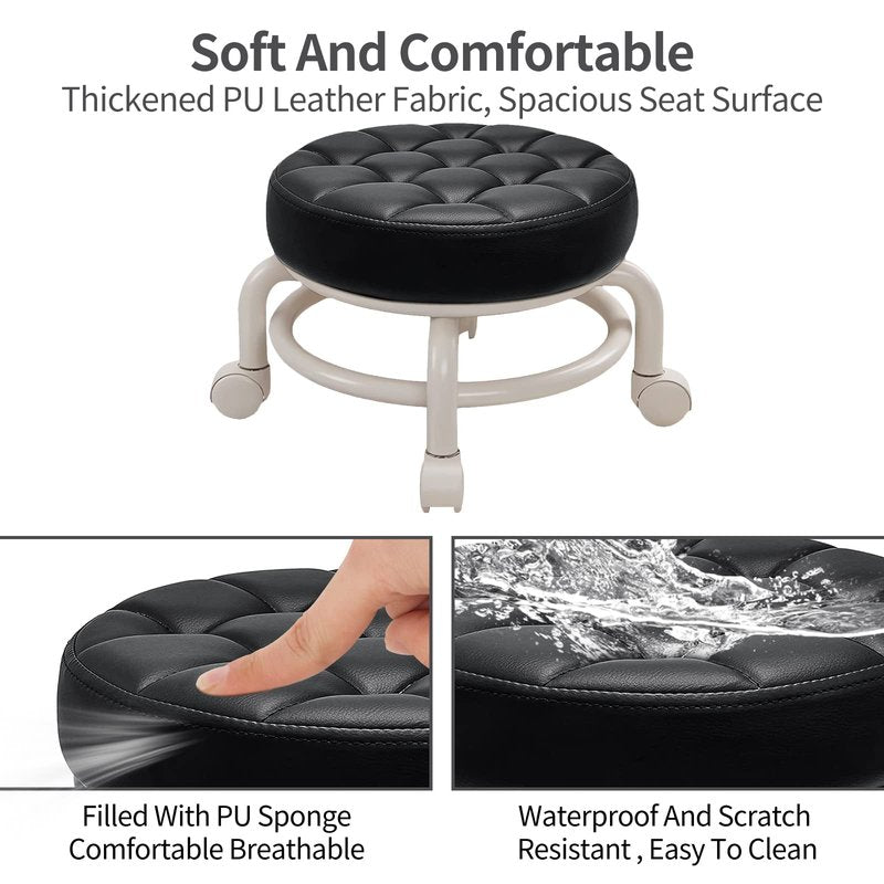 HPONQIONE Round Rolling Low Stool- PU Leather Low Stool 360° More Comfortable Swivel with Thickened Sponge Cushion for Nail Salon, Pedicure, SPA and Home (Black)