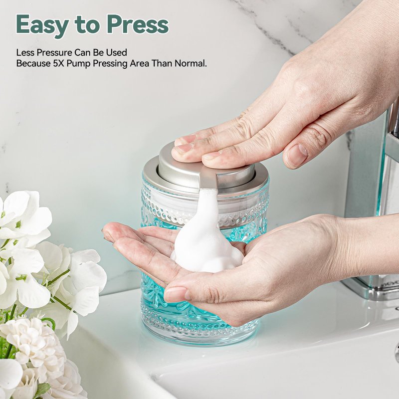 Glass Foaming Soap Dispenser Set - 2 Pack Foam Hand Soap Dispenser for Bathroom, Clear Hand Wash Dispenser Bottle with Matte Silver Pump for Kitchen, 8 Oz Refillable Dish Liquid Foam Dispenser 2 Pcs
