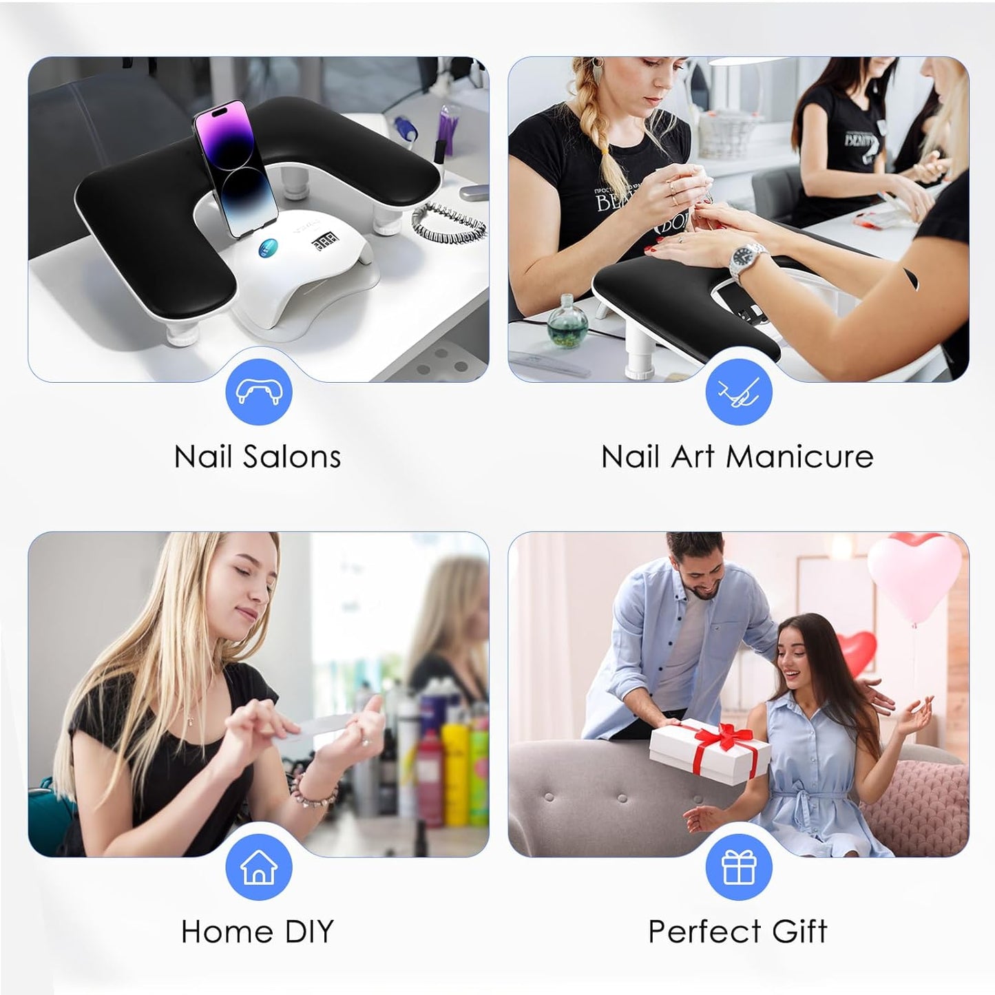 Manicure Nail Arm Rest - 3rd Gen Adjustable U-Shaped Hand Pillow with Rotating Phone Stand | Black