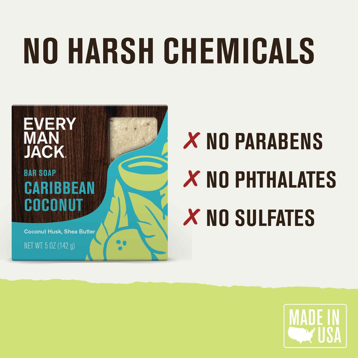 Every Man Jack Cold Processed Mens Bar Soap - Tropical Caribbean Coconut Scent - Deeply Cleans & Hydrates w/Naturally Derived Ingredients - (3 Pack)