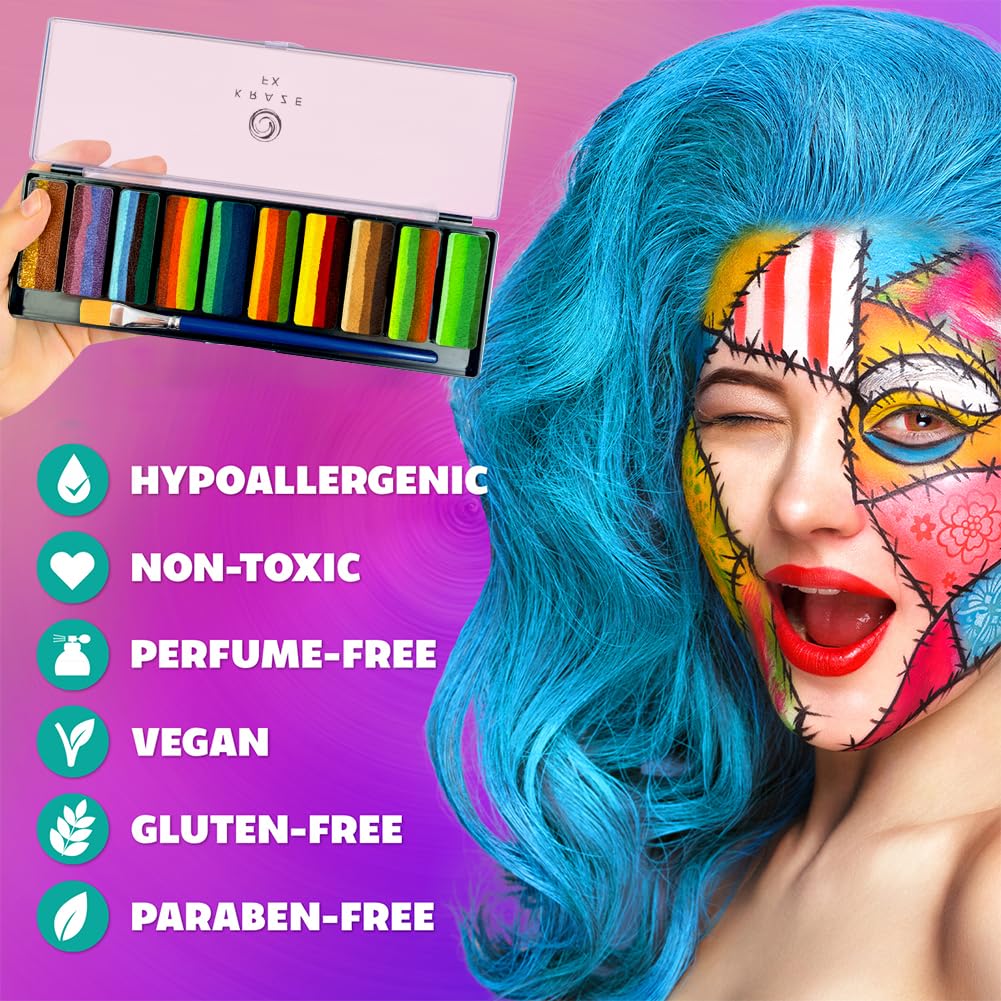 Kraze FX Peaks Face Paint Palette by Tamina Mohammed - 10 Colors Professional Split Cake Set - 3/4" Travel Size Cakes - Metallic & Earth Tones for Festival Body Art