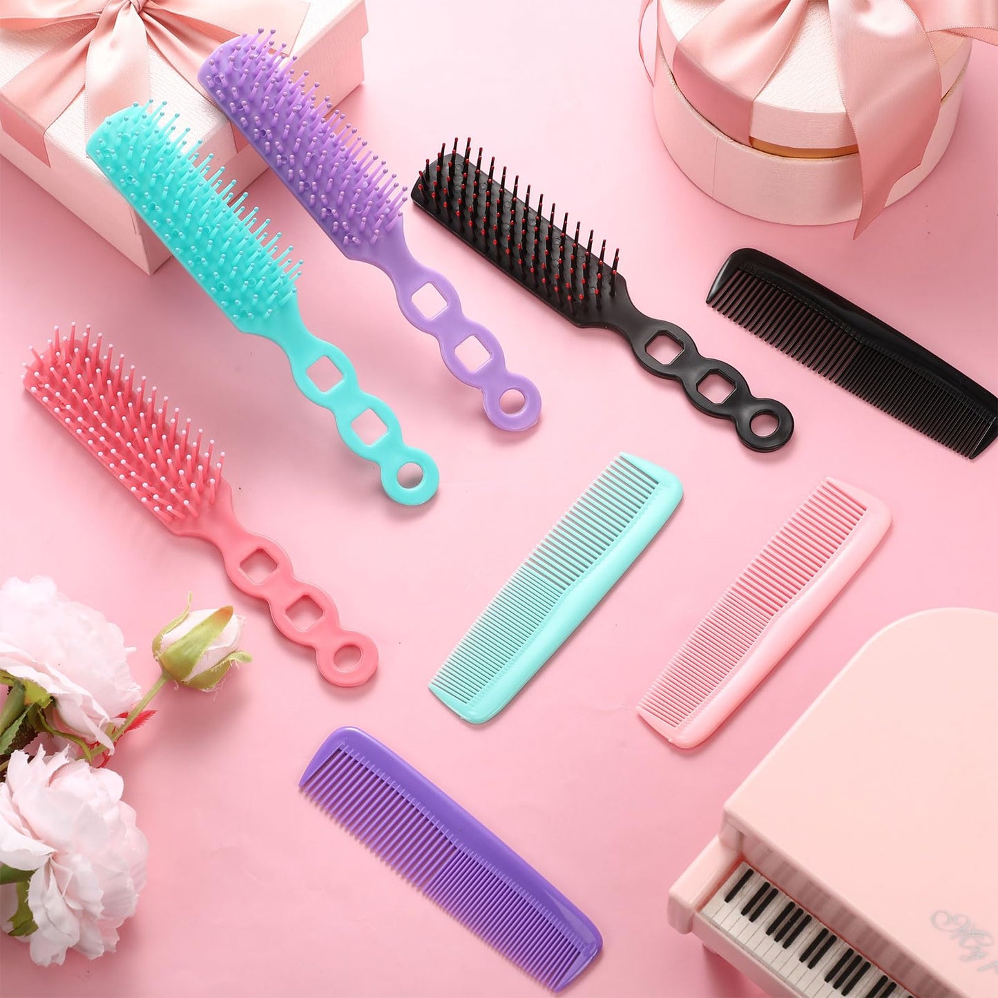 SiliFine 72 Pcs Bulk Hair Brushes Combs Set for Homeless Individually Wrapped Hairbrushes Bulk Curly Thick Long Smoothing Detangling Hairbrushes for Women Hotel Homeless Nursing Charity (Multicolor)
