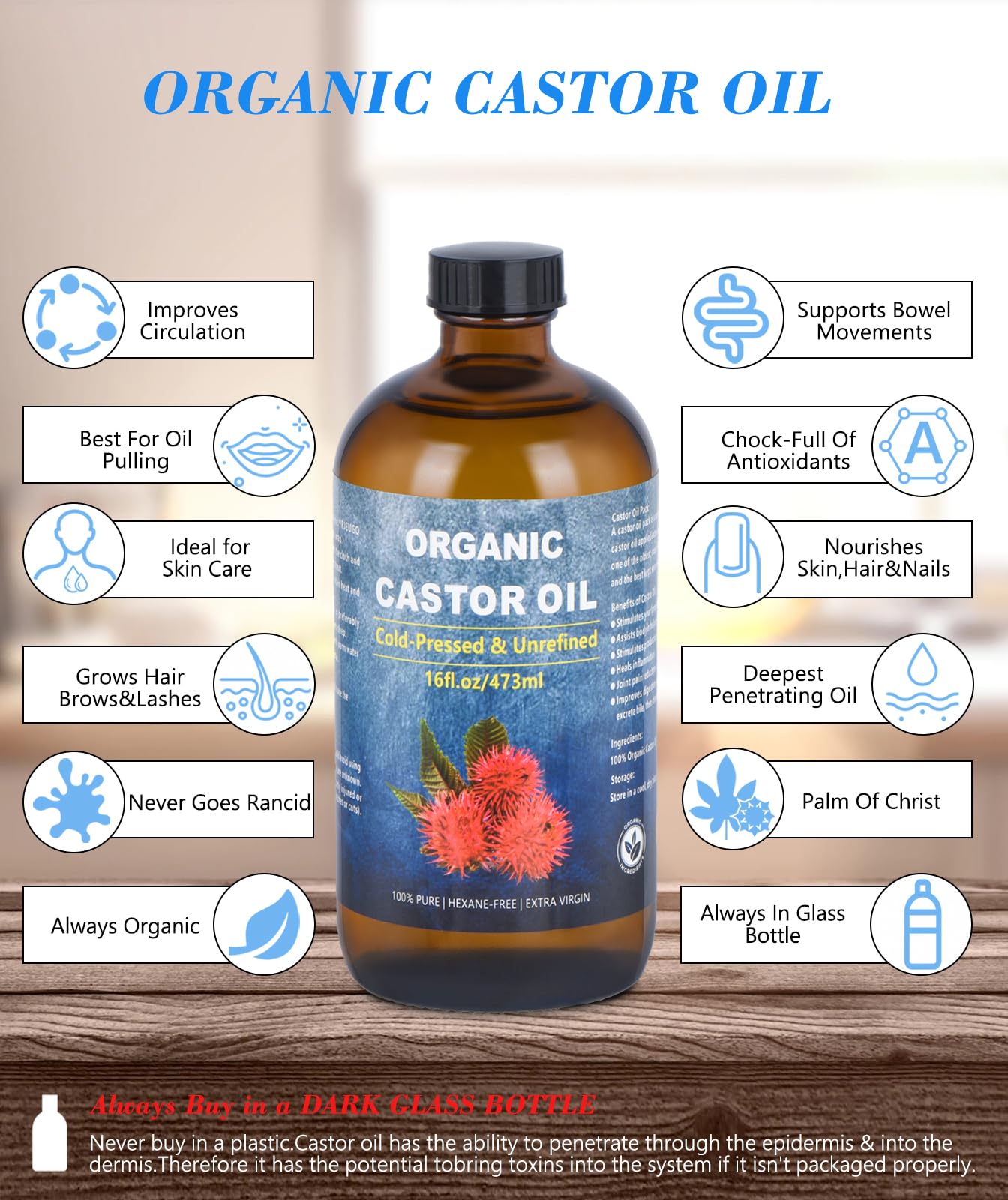 VRJEUGO Castor Oil Organic Cold Pressed Unrefined Glass Bottle, Organic Castor Oil for Face, Hair Growth & Thicker Eyelashes, 100% Pure and Hexane Free, 16oz