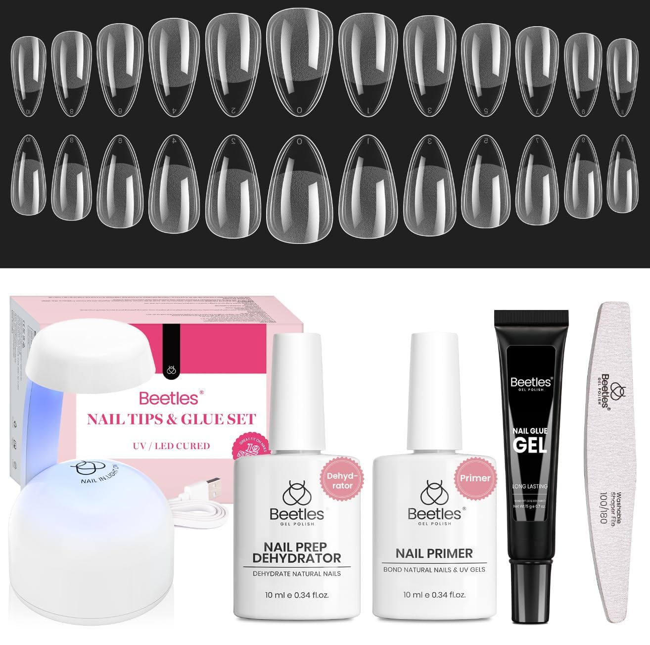 Beetles Etch-X Gel Nail Kit, Short Almond Acrylic Tips, 576 pcs, 12 Sizes