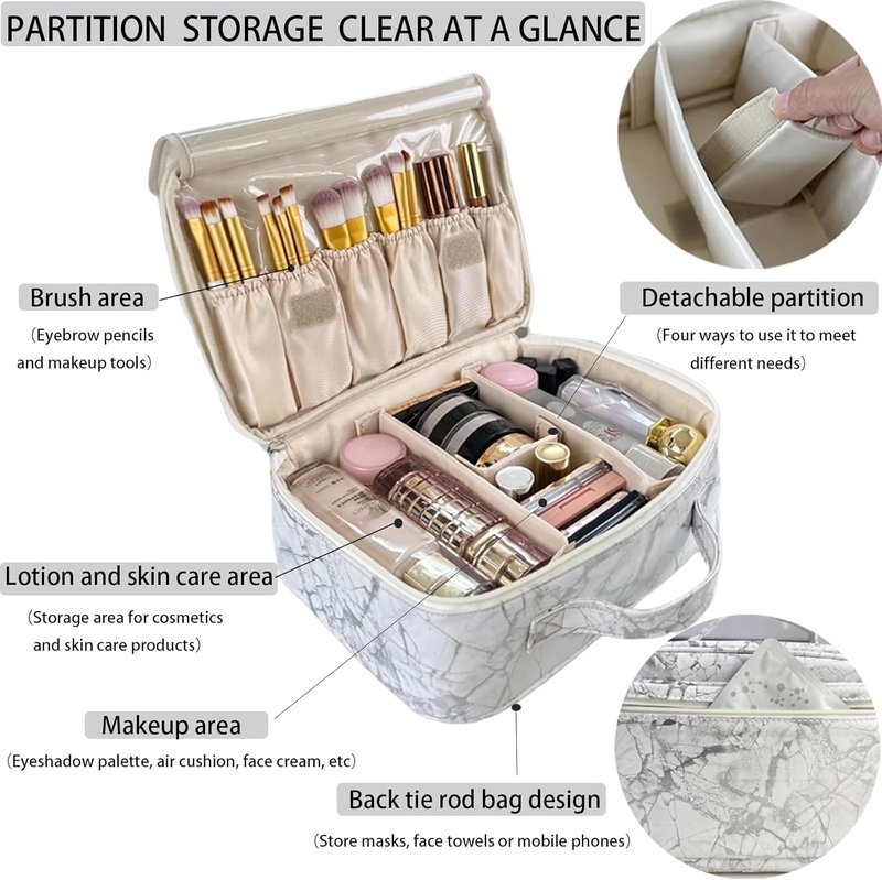 Multifunctional Travel Makeup Bag - Waterproof Cosmetic Organizer with Removable Dividers & Brush Holder | Large Capacity Toiletry Pouch for Women (White Marble)