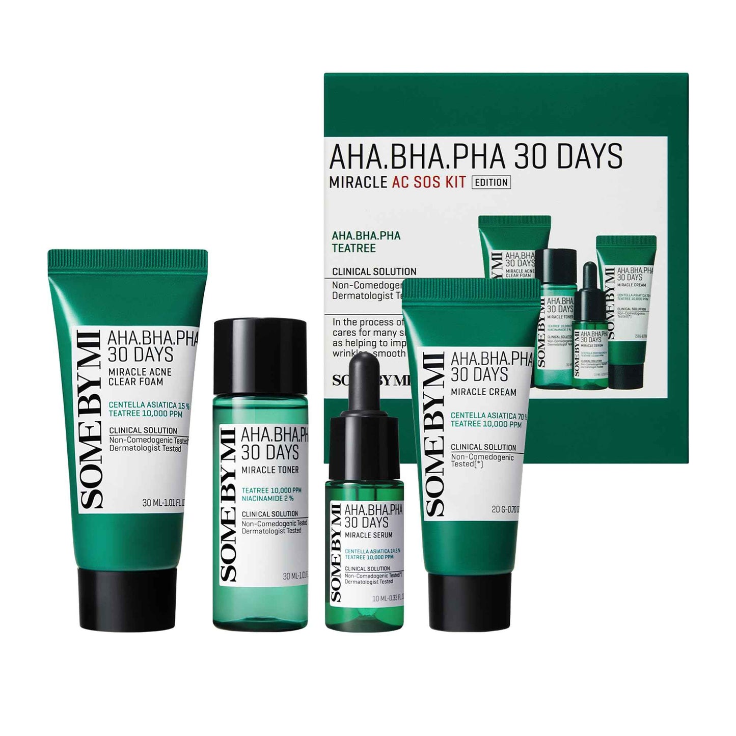 SOME BY MI AHA BHA PHA 30Days Miracle AC SOS Kit - Toner 1.01Oz, Serum 0.33Oz, Cream 0.7Oz, Foam 1.01Oz - Mild Exfoliating Daily Skin Care Set - Skin Wastes, Sebum, Oiliness Care - Korean Skin Care