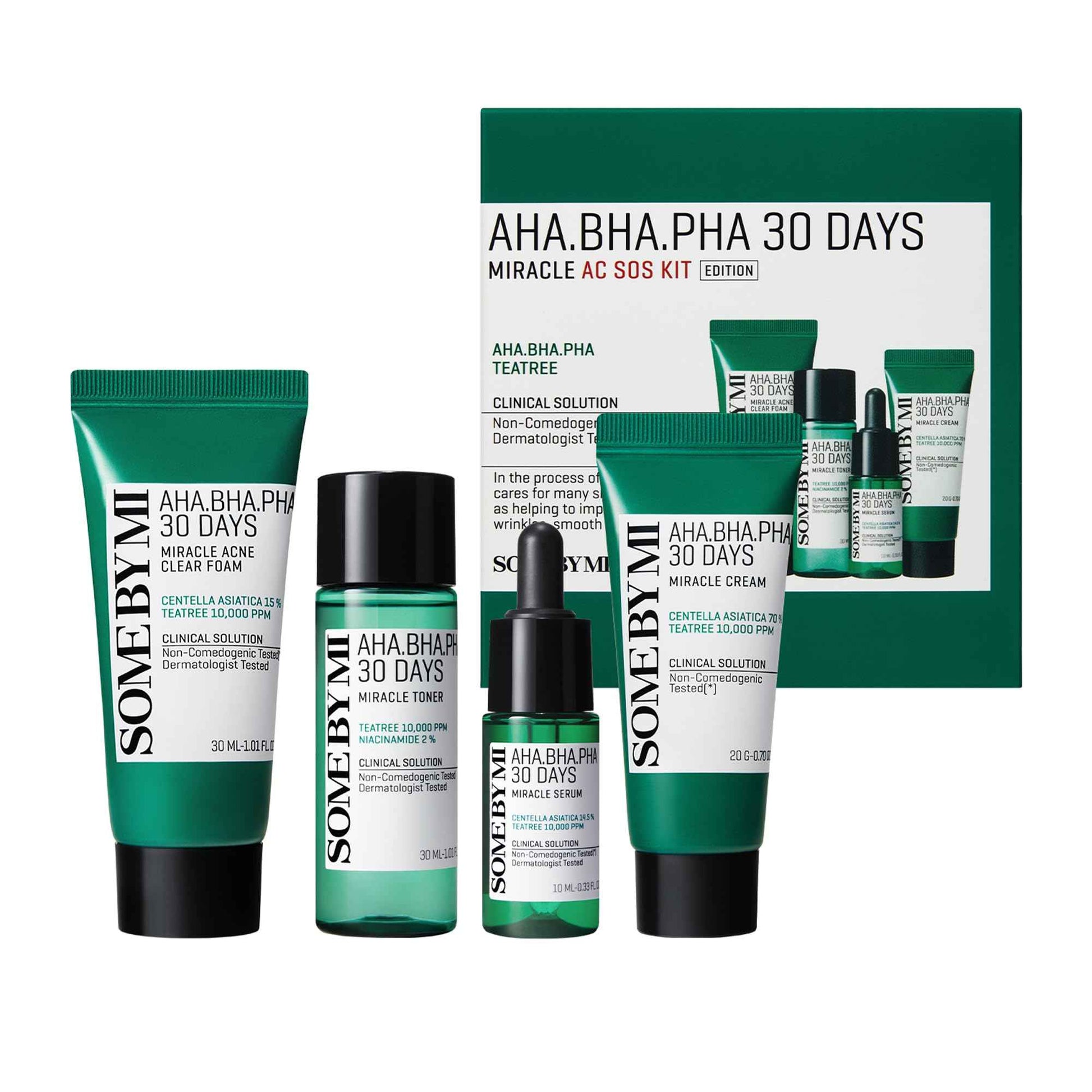 SOME BY MI AHA BHA PHA 30Days Miracle AC SOS Kit - Toner 1.01Oz, Serum 0.33Oz, Cream 0.7Oz, Foam 1.01Oz - Mild Exfoliating Daily Skin Care Set - Skin Wastes, Sebum, Oiliness Care - Korean Skin Care
