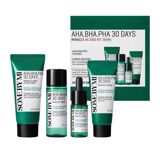 SOME BY MI AHA BHA PHA 30Days Miracle AC SOS Kit - Toner 1.01Oz, Serum 0.33Oz, Cream 0.7Oz, Foam 1.01Oz - Mild Exfoliating Daily Skin Care Set - Skin Wastes, Sebum, Oiliness Care - Korean Skin Care