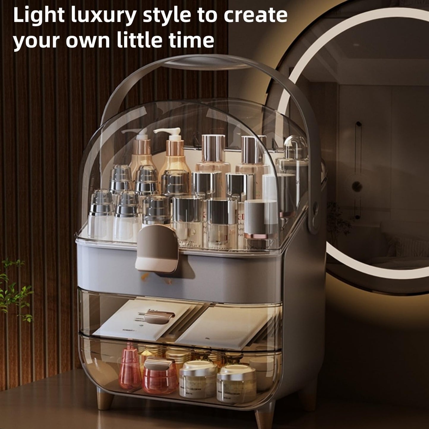 XAIODRAGONSKY Makeup Organizer, Skincare Organizers with Clear Lid & 2 Drawers and 360° Rotating Brush Holder