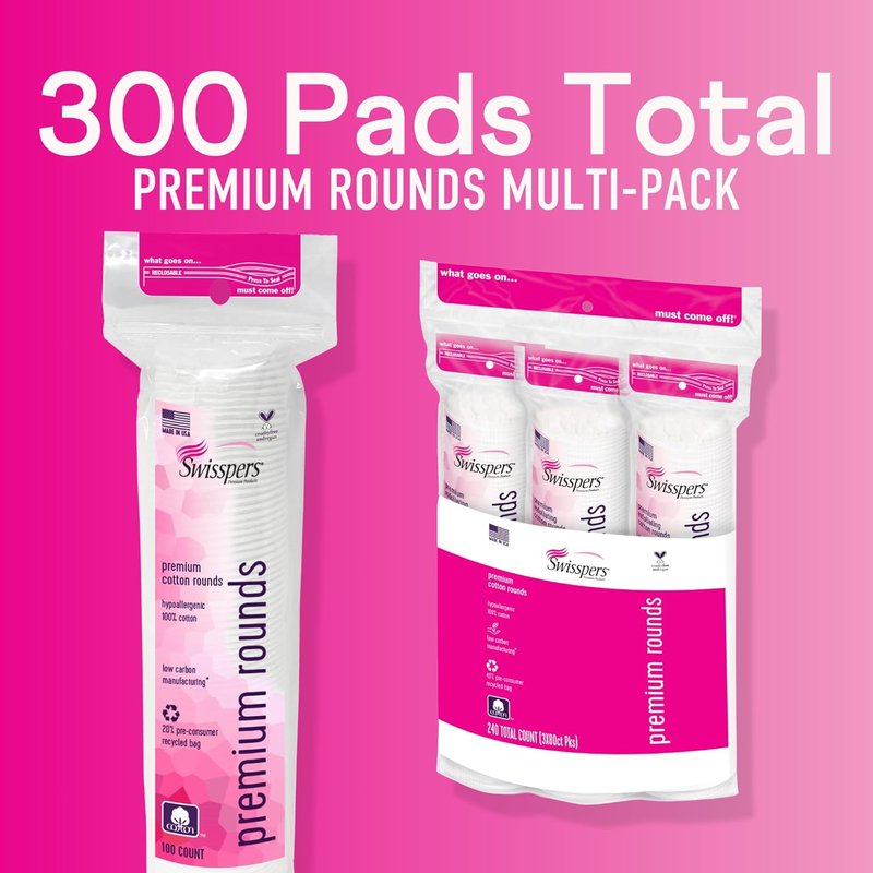 Swisspers Cotton Rounds - Dual-Sided Makeup & Nail Polish Removal Pads | 100% Pure Chlorine-Free Cotton, Hypoallergenic - 300 Pads Total
