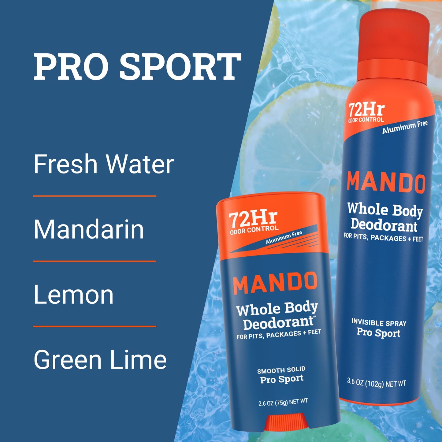 Mando Whole Body Deodorant Two-Piece System - 2.6 oz Smooth Solid Stick and 3.6 oz Deodorant Spray - Aluminum and Baking Soda Free Odor Control - Doctor Developed - 2 Piece Bundle (Pro Sport)