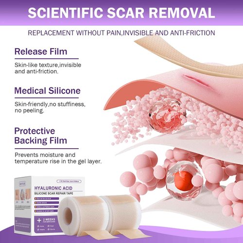 Silicone Scar Sheets, Hyaluronic Acid Nano Repair Tape, 2 Roll Silicone Scar Tape 1.6”x 60” Roll/1.5m, Silicone Scar Sheets for Surgical Scars,Scar Away Silicone Scar Sheets