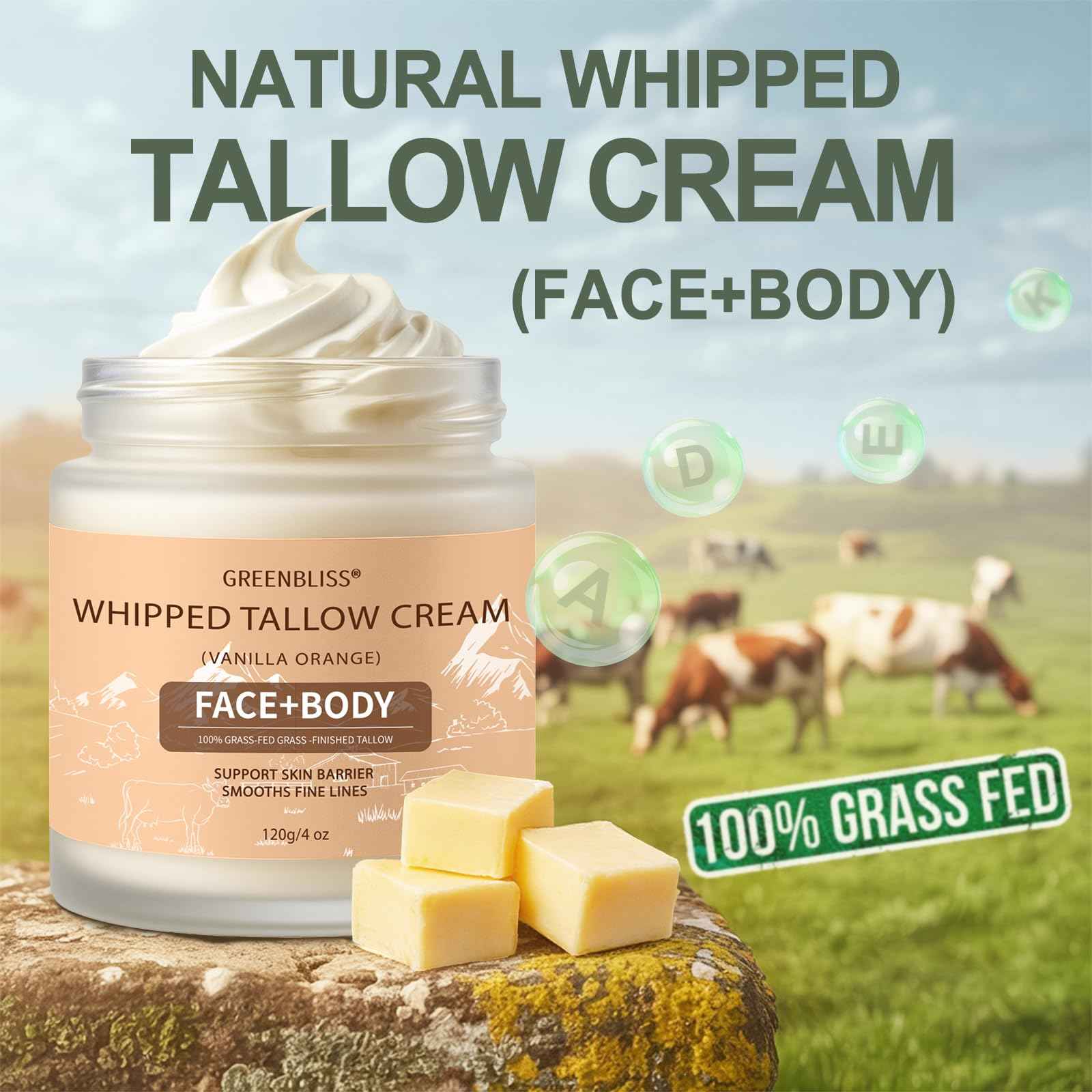 GreenBliss Beef Tallow for Skin Care 100% Organic Grass Fed tallow and honey balm - Face + Body, Whipped Moisturizer for Sensitive Skin, Natural Deep Hydration, Sensitive Skin Safe, 120G/4 FL. oz.