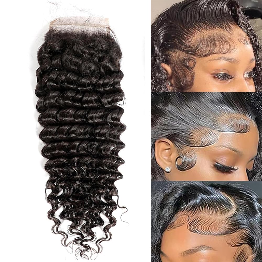 Transparent HD Lace Closure Deep Wave Invisible Ultra-thin 4x4 Closure Brazilian Raw Virgin Human Hair Natural Black (4x4 Lace Closure, 18 Inch)