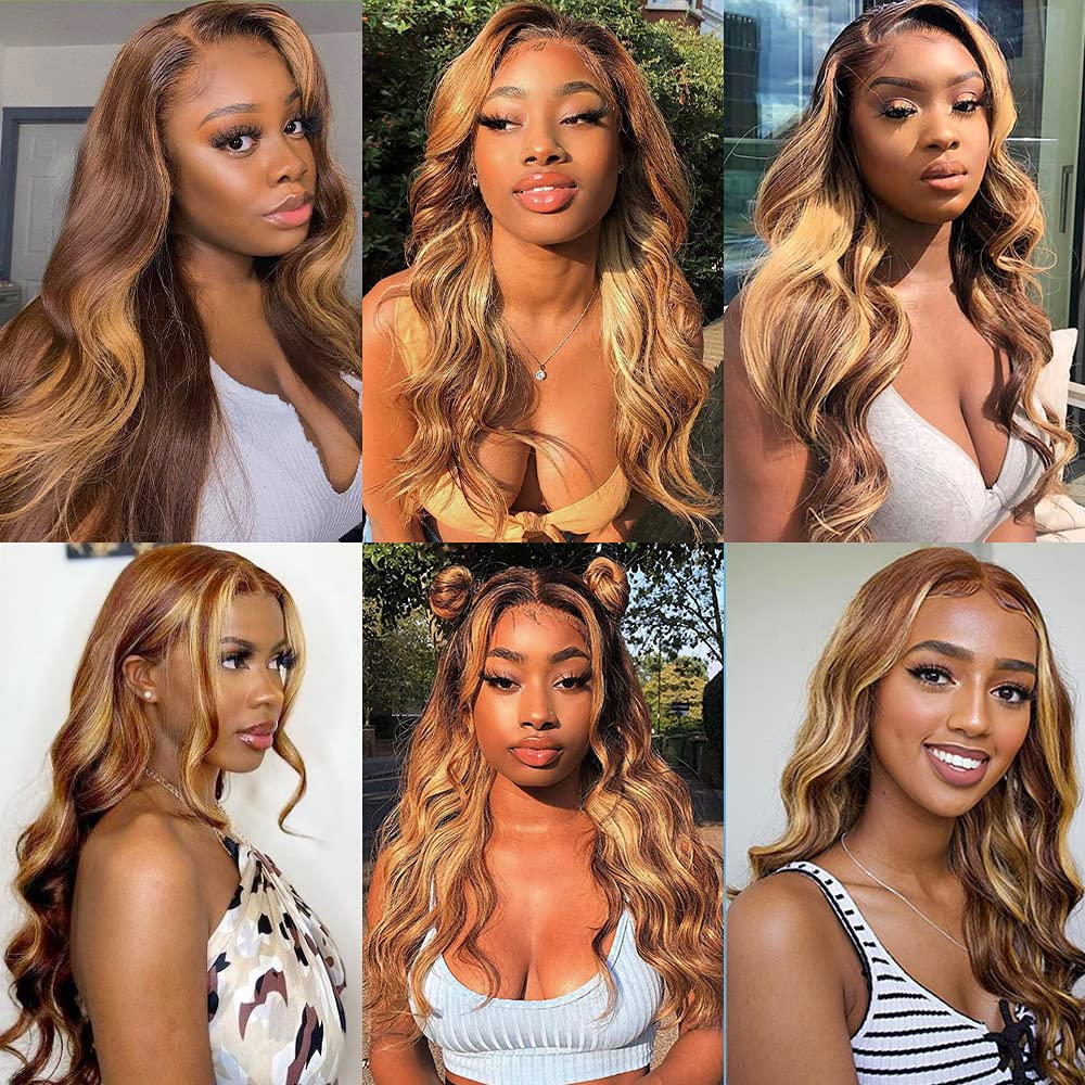 P4/27 Highlight Blonde Bundles Human Hair Body Wave Bundles 20 20 20 Inch Human Hair Brazilian Hair 3 Bundle Brown Unprocessed Virgin Remy Hair Extensions 50 Gram Per Bundle
