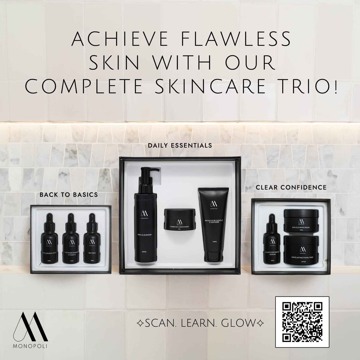 Monopoli Skin Travel Skincare Set | Airplane-Friendly Sizes | Complete Facial Skin Care Kit with BHA Serum, Vitamin C, Moisturizer & Cleanser | Perfect Travel Essentials & Gift Set for Women & Teens