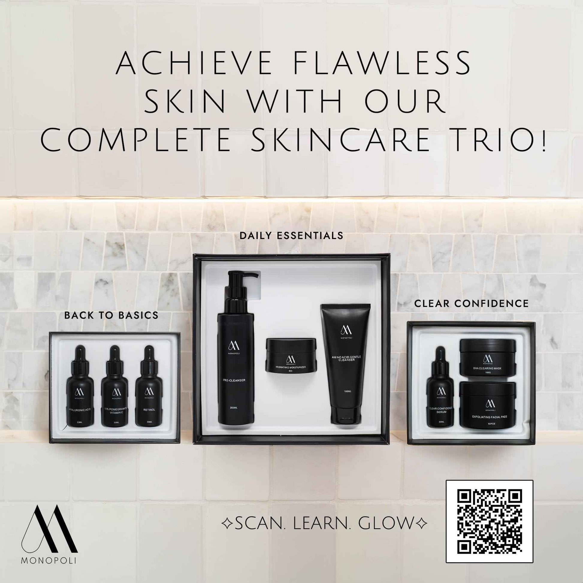 Monopoli Skin Travel Skincare Set | Airplane-Friendly Sizes | Complete Facial Skin Care Kit with BHA Serum, Vitamin C, Moisturizer & Cleanser | Perfect Travel Essentials & Gift Set for Women & Teens