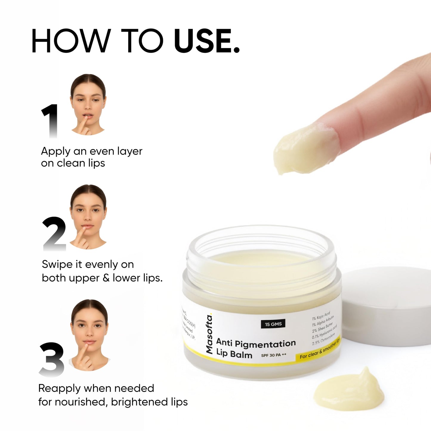 Masofta Shea Butter Lip Balm with Kojic Acid, Alpha Arbutin & Shea Butter for Smooth, Crack Free & Clear Lips, SPF 30 PA++, For Men & Women, 0.52 oz/15GMS