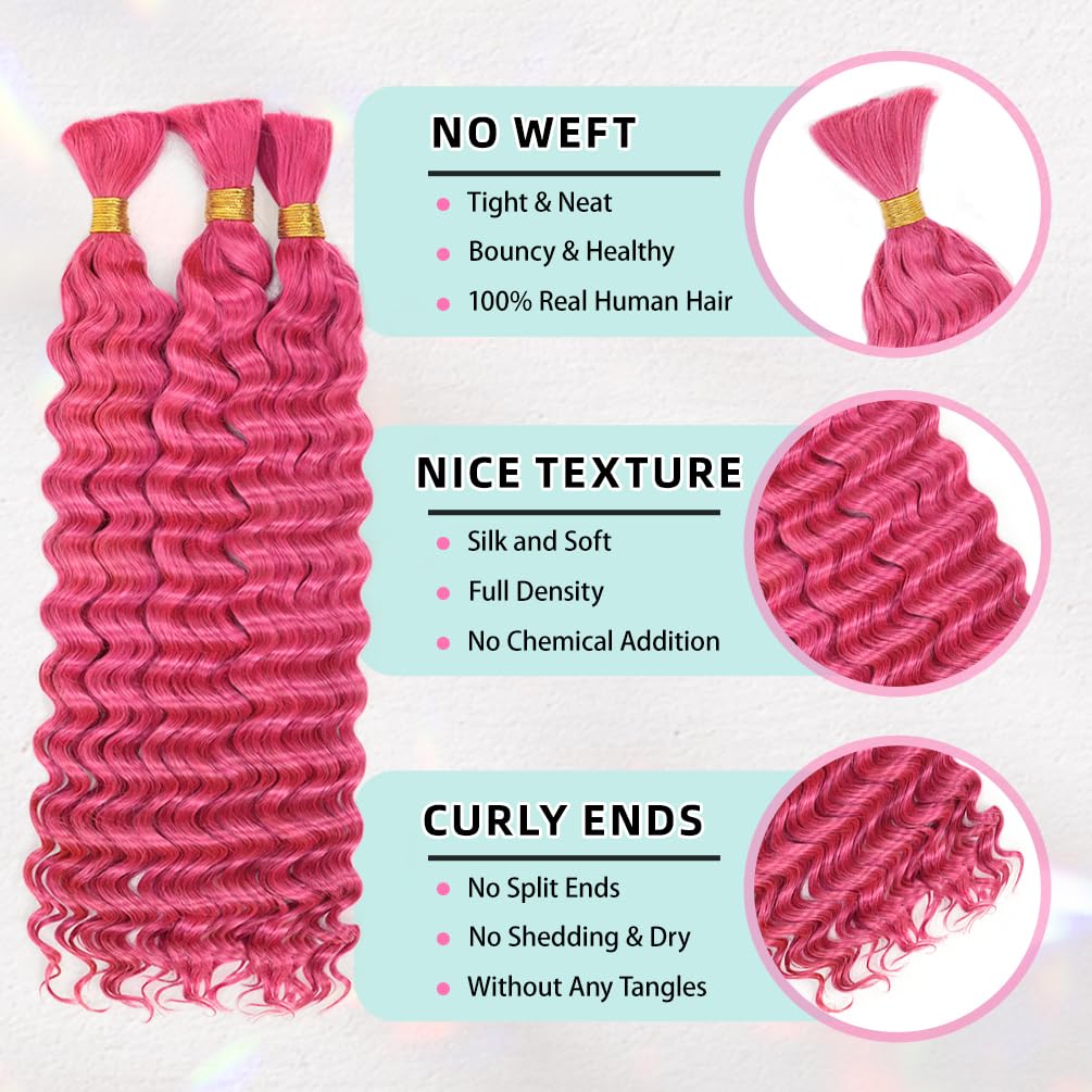 14 Inch Deep Wave Human Braiding Hair for Boho Braids – 50g 1 Bundles/Pack Pink 100% Unprocessed 12A Brazilian Virgin Human Hair Bulk, No Weft, Wet & Wavy Curly Extensions