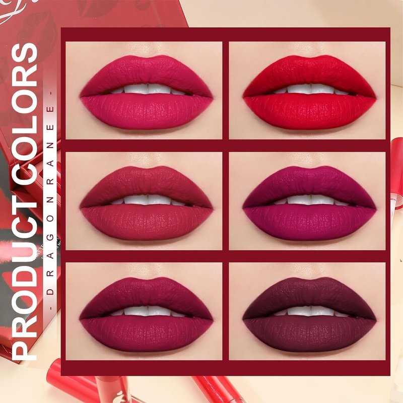 MooGlamor 6 Pcs Matte Liquid Lipstick Set Red Lip Gloss with Long-Lasting and Waterproof Lipsticks for Women Lip Makeup Gift (Red Rabbit, 6 Pcs)