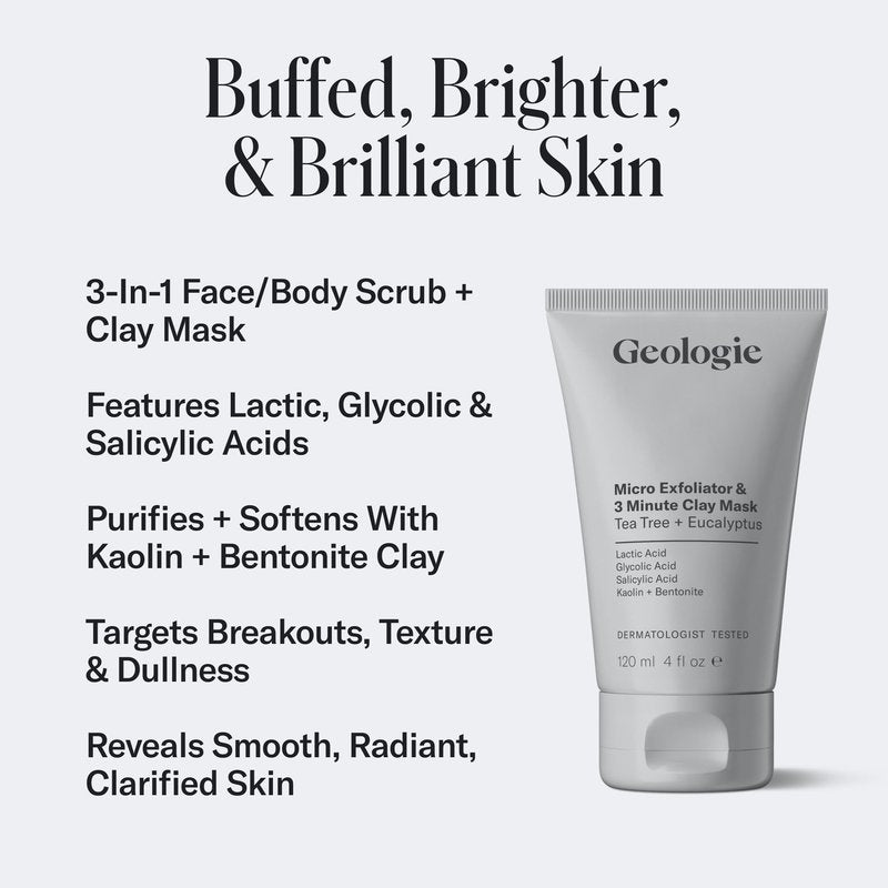 Geologie Micro Exfoliator & Clay Mask | 3-in-1 Deep Cleansing Face Wash, Pore Refining Mask & Skin Exfoliant | Tea Tree & Eucalyptus Scent For Men & Women | 4 fl oz