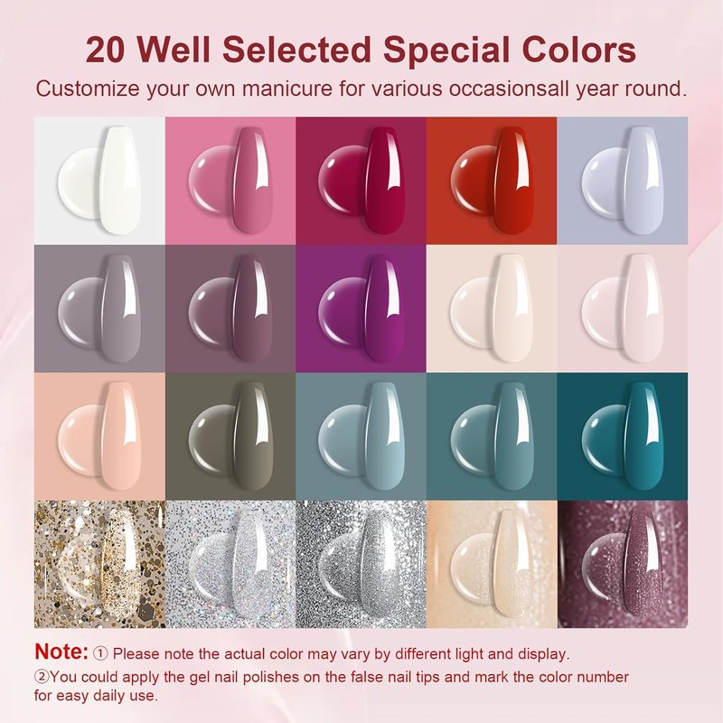 Gel Nail Polish Kit - 43 Pcs with UV Light | 20 Colors, 180W Lamp, Nail Art Tools