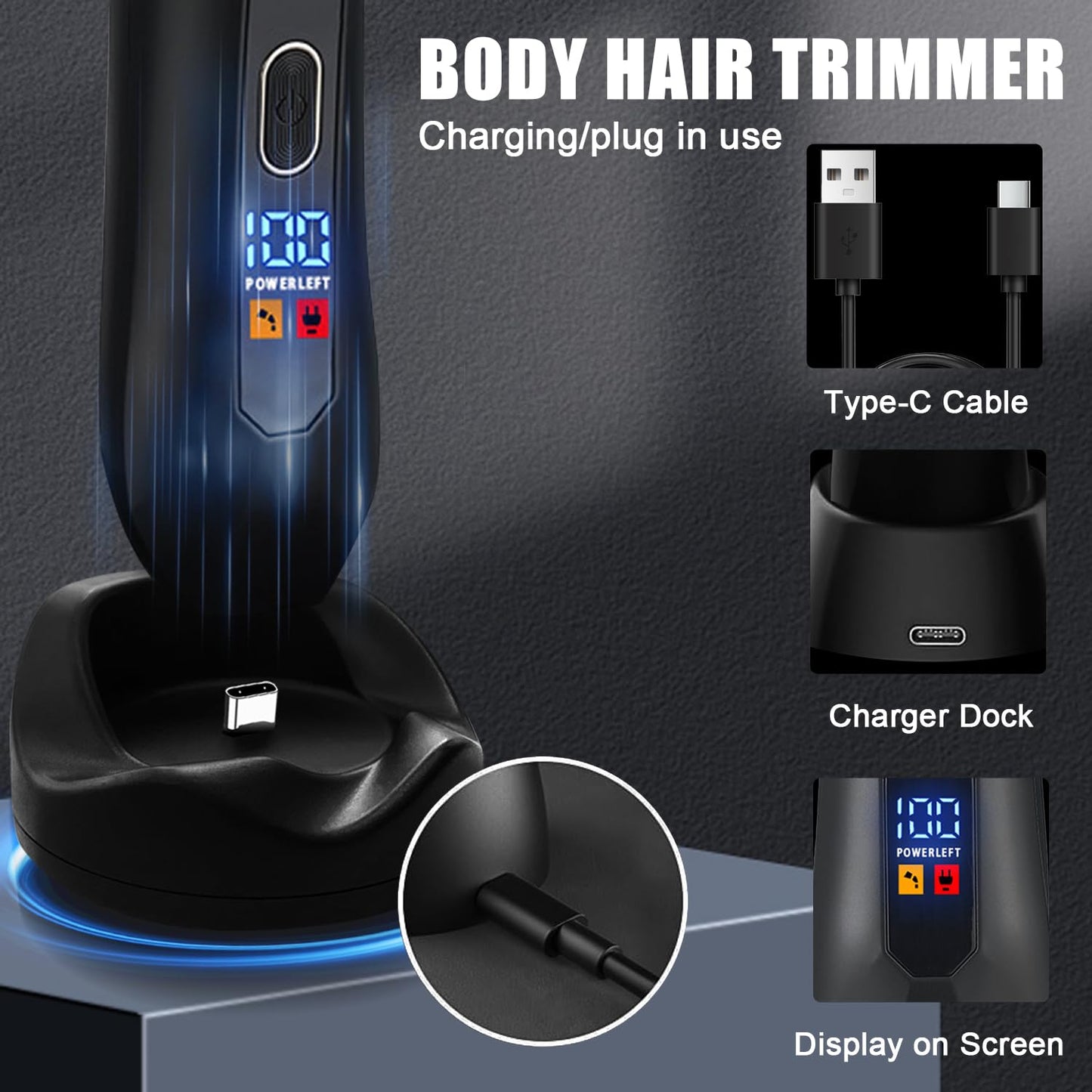Sokadanch Men's Electric Body & Ball Hair Trimmer, 4-in-1 Ceramic Blade, Waterproof, Type C Charging, Black