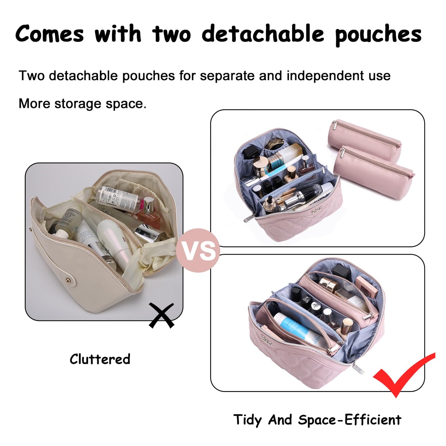 BOYATU Travel Makeup Bags for Women Cosmetic Bag: Puffy Make up Bags Set of 3 - Vegan Leather Makeup Organizer - Waterproof Large Toiletry Bag with Compartments - Travel Essentials (H-3-Pink)