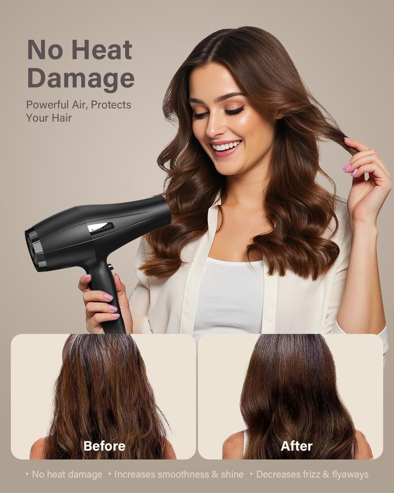 ANNLARY Ionic Hair Dryer with Diffuser, Blow Dryer, Professional 1875W Powerful AC Motor Hairdryer with 8.2Ft Cord for Women & Men, Fast-Drying Blow Dryer with Nozzle for Home, Salon
