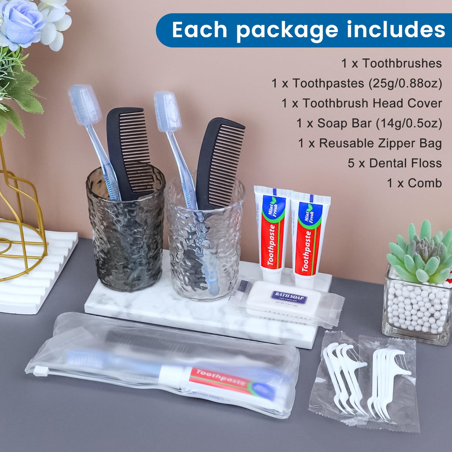 HQSLsund 25 Sets Personal Hygiene Kit, Disposable Toothbrushes with Toothpaste Floss Comb Soap and Cover, Toiletry Kits Homeless Bulk for Women,Men,Travel