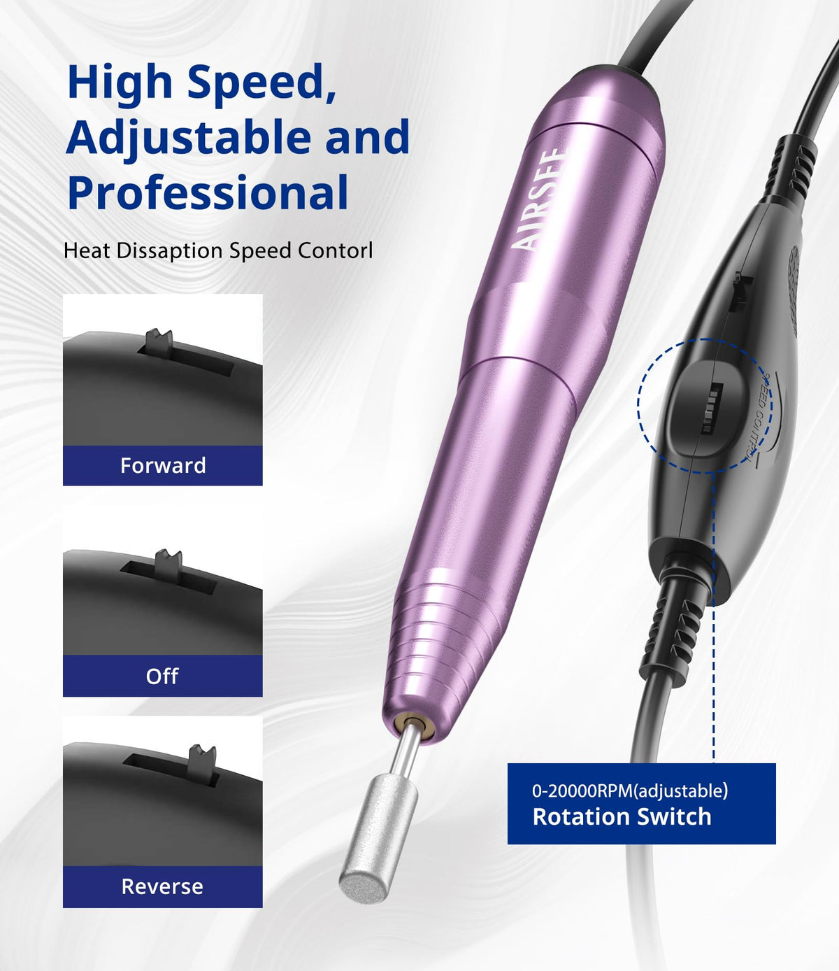 AIRSEE Portable Electric Nail Drill Professional Efile Nail Drill Kit for Acrylic, Gel Nails, Manicure Pedicure Polishing Shape Tools with 11Pcs Nail Drill Bits and 56 Sanding Bands N24 (Purple)