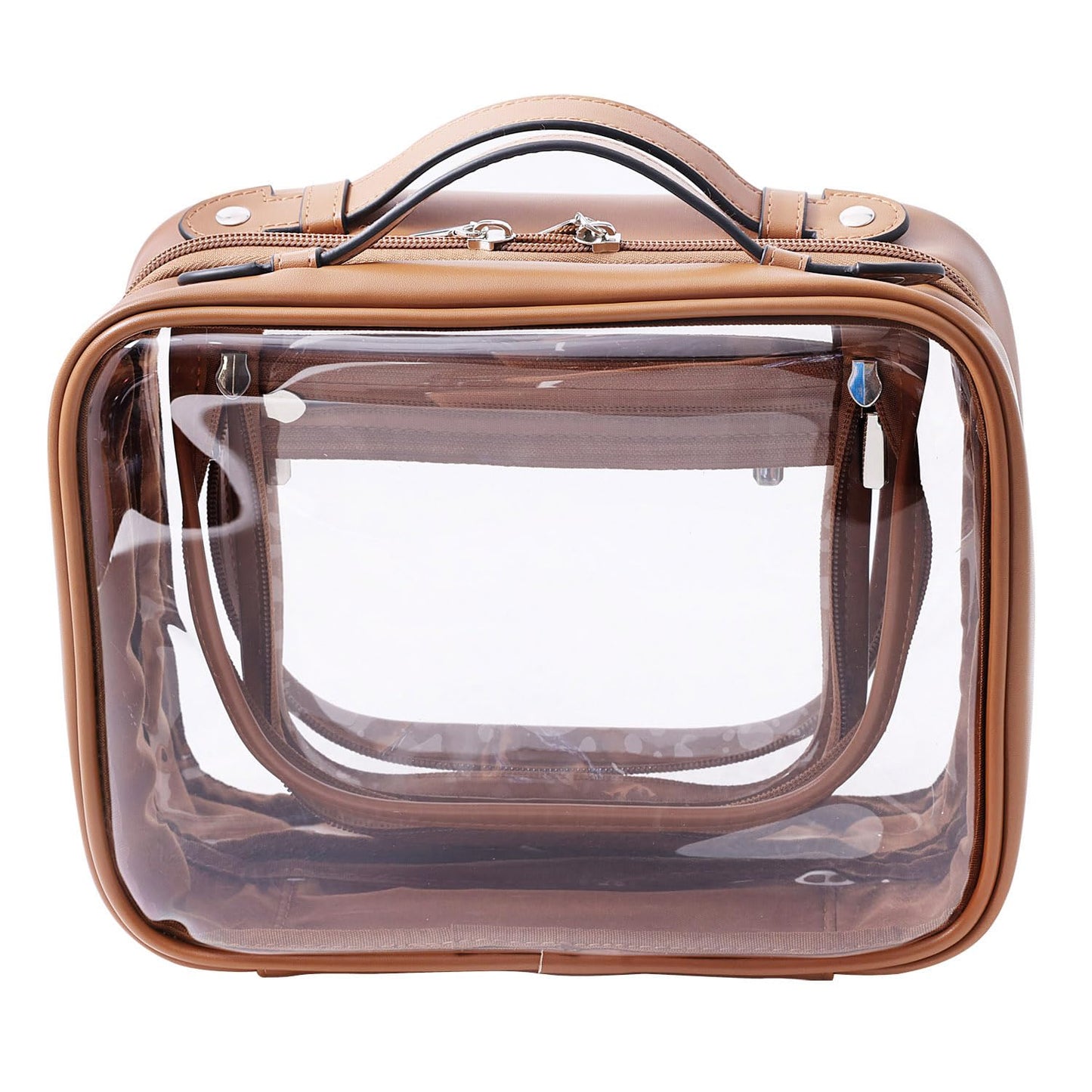 SANHECUN traveling toiletry case clear cosmetics case makeup bag Dimensions | LxWxH:10” x 4.5” x 7.5”(Brown, Medium)