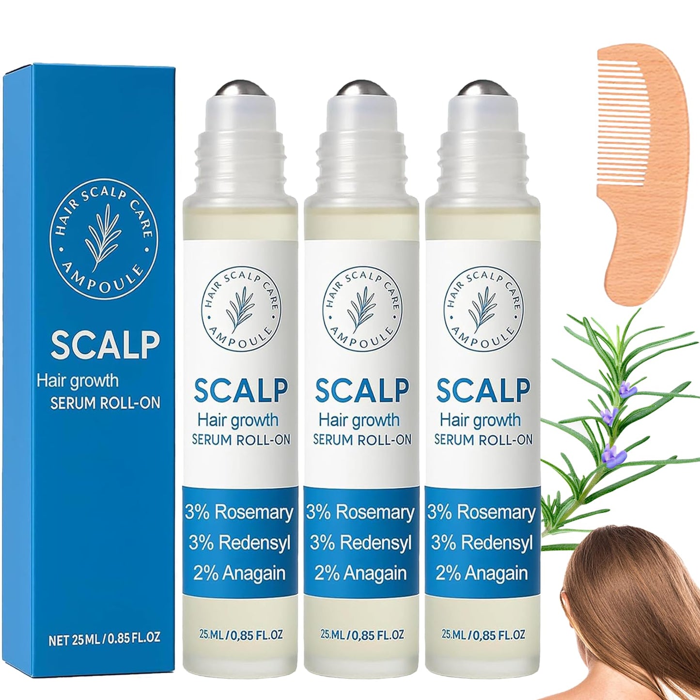 Aparthy Hair Growth Roll On, Rosemary Hair Growth Serum, Advanced Hair Growth Roll-On Serum, Thicker & Stronger Hair, Nourishes Scalp & Roots for All Hair, Women and Men (3pcs)