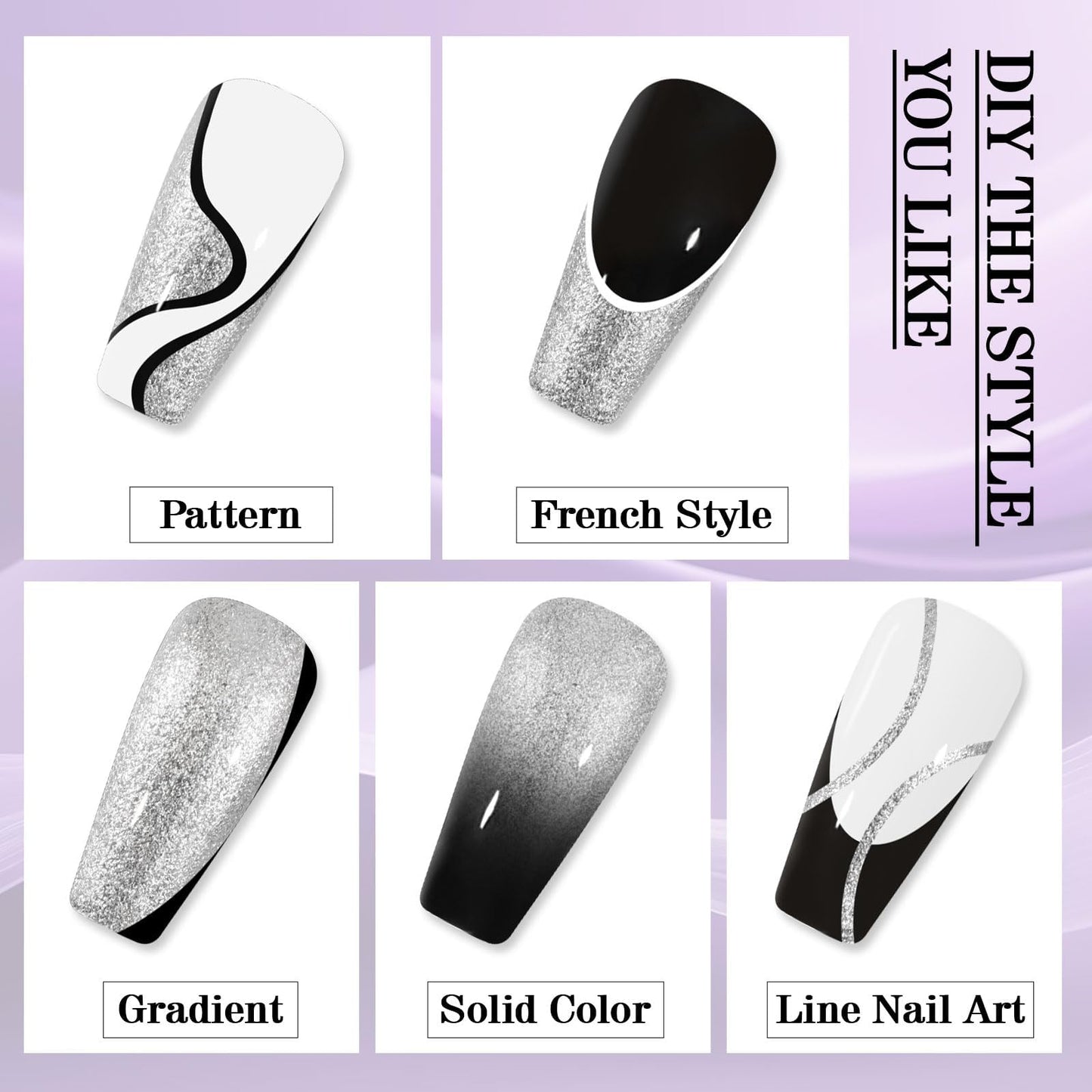 EBANKU Gold Glitter Gel Polish with Nail Brush, 5 Colors Silver Metal Shimmer Gel Liner for Nail Art, Holographic Sparkle Soak Off UV Lamp Cured Gels for Art Manicure Salon DIY at Home