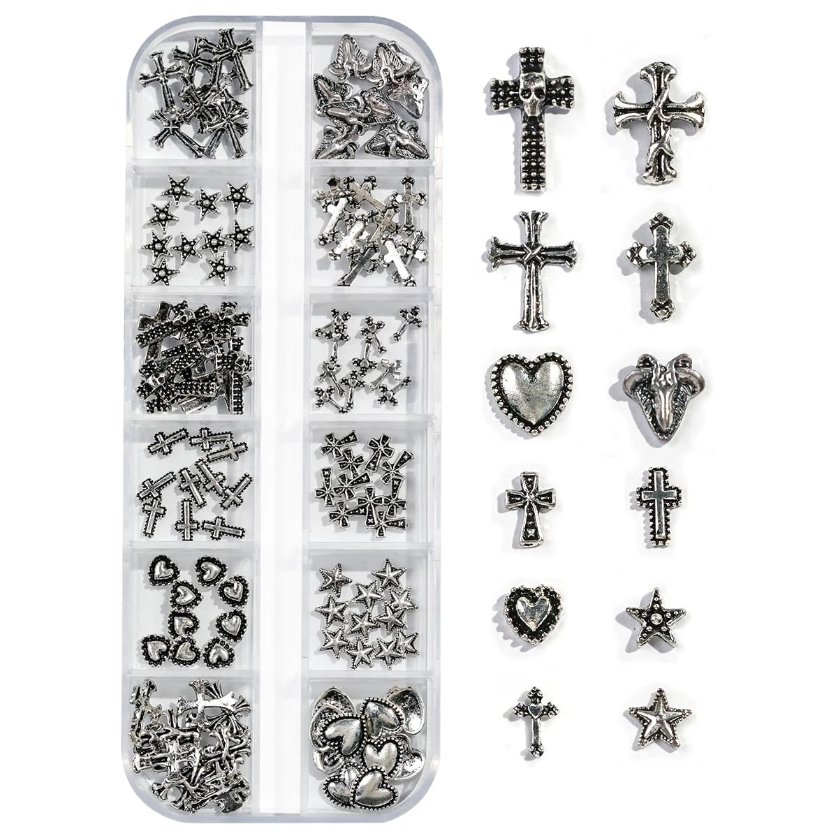 Cross Nail Charms,1Boxes 12Grids 3D Silver Goth Nail Gems,Vintage Metal Alloy Cross Star Heart Nail Charm Rhinestones Studs for Women Girls Manicure Design (B)