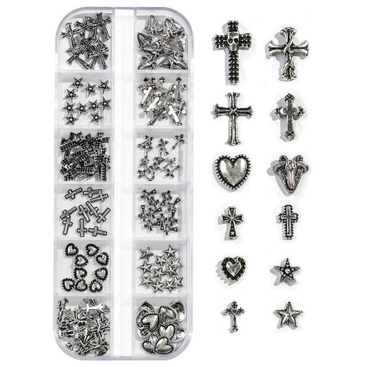Cross Nail Charms,1Boxes 12Grids 3D Silver Goth Nail Gems,Vintage Metal Alloy Cross Star Heart Nail Charm Rhinestones Studs for Women Girls Manicure Design (B)