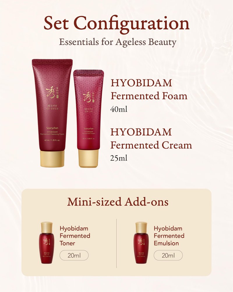 Sooryehan Hyobidam Fermented Skincare Trial Kit (Pack of 4) - Korean Skincare Miniature Set: Toner, Emulsion, Cream & Cleansing Foam - Herbal Hydration & Elasticity, Ginseng Extract, Travel Size Gift