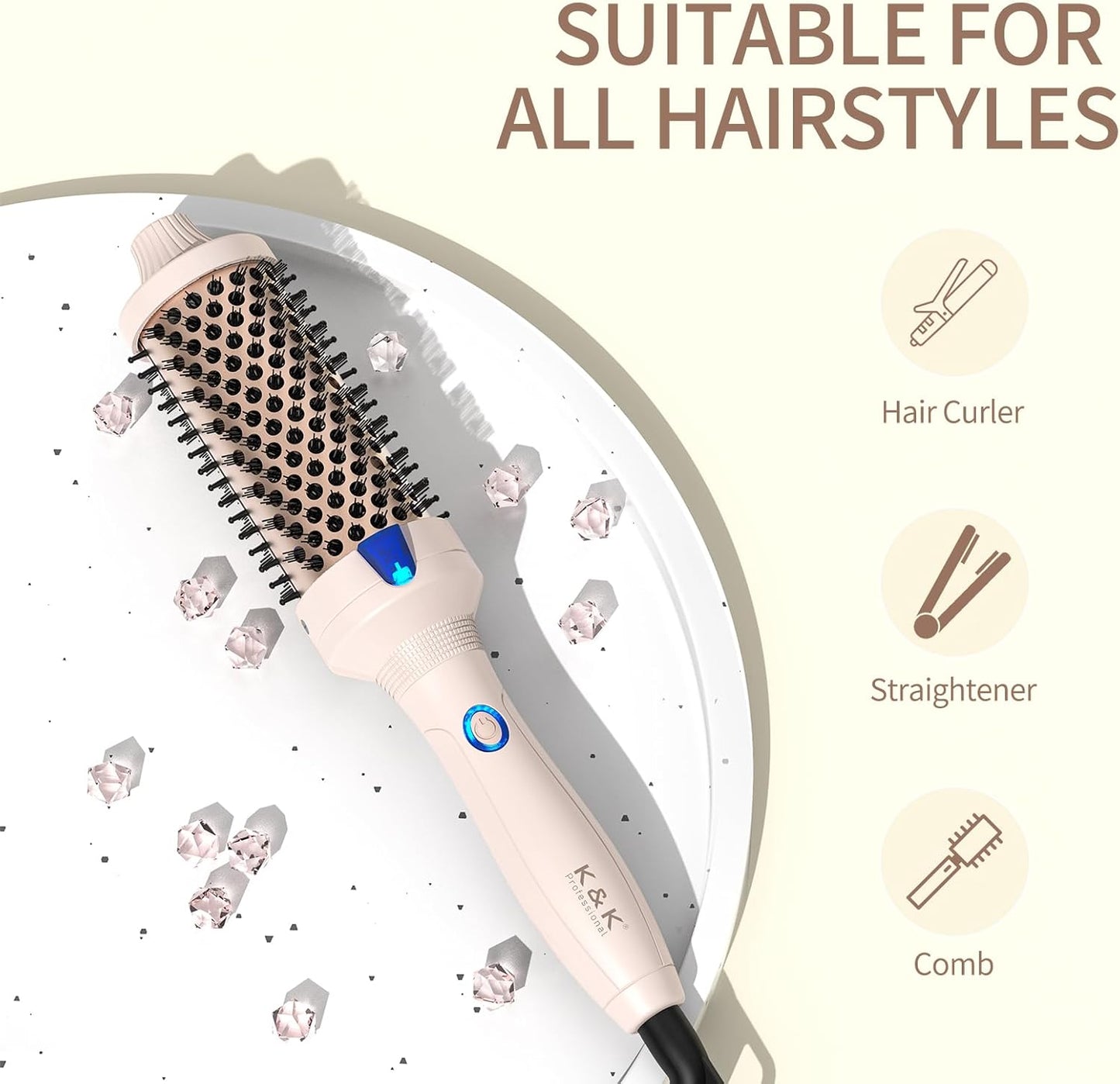 Heated Curling Iron - 1.77 Inch Volumizing Brush with Ceramic Tourmaline | Travel-Friendly Design in Pale Pink