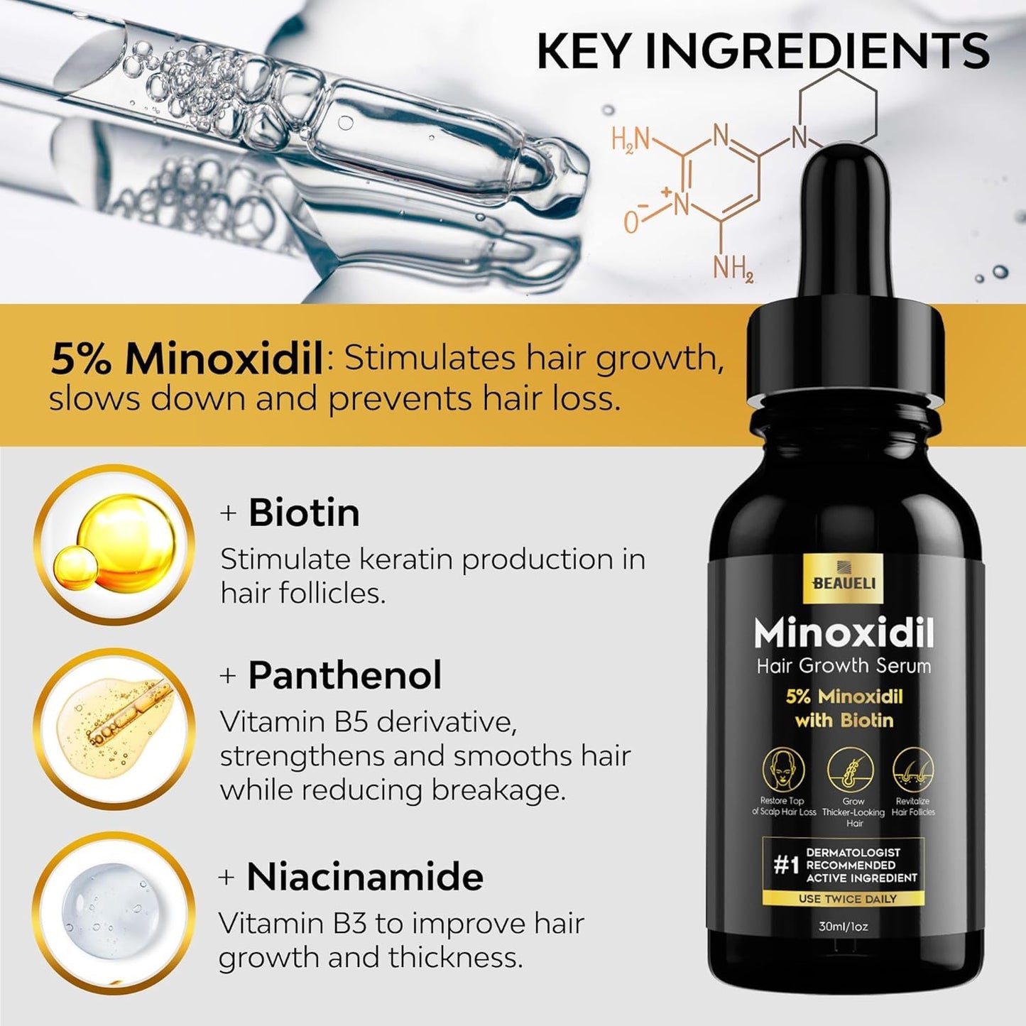 5% Minoxidil Hair Growth for Men and Women: Extra Strength Minoxidil Beard Regrowth Treatment Serum with Biotin for Thinning Hair Loss to Grow Thicker Fuller 30ml 2 Bottles