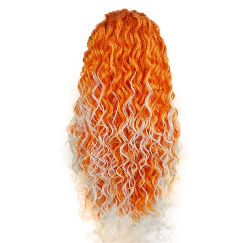 Meiyite Hair Curly Long 26inch Two Tone Orange White Ombre Heavy Density Realistic Synthetic Lace Front Wigs
