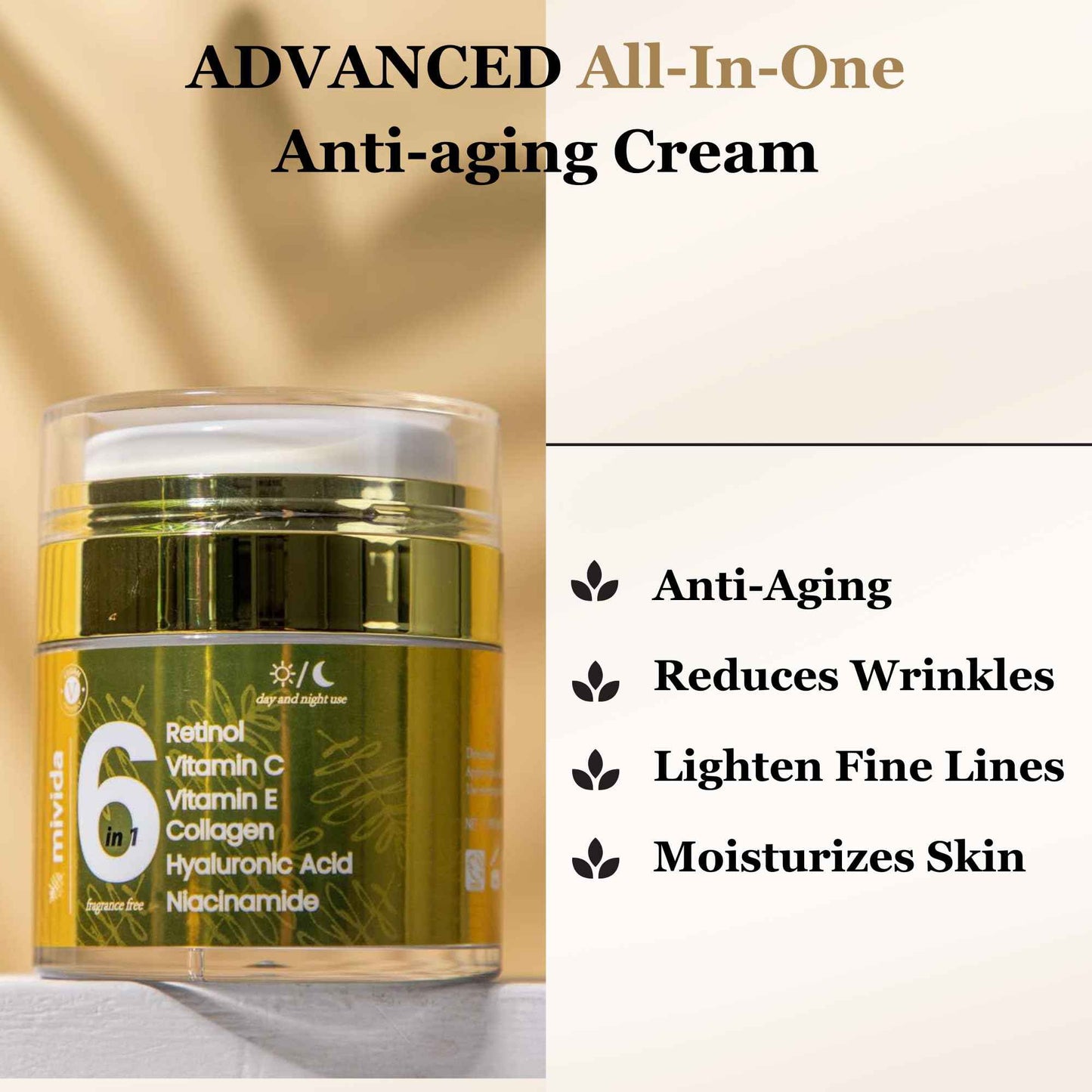 mivida Advanced Retinol Cream for Face & Neck | 6-in-1 Anti-Aging Moisturizer with Collagen, Hyaluronic, Vit C & E | Firms, Reduces Wrinkles, Fine Lines & Dark Spots | Daily Face Cream 1.7floz